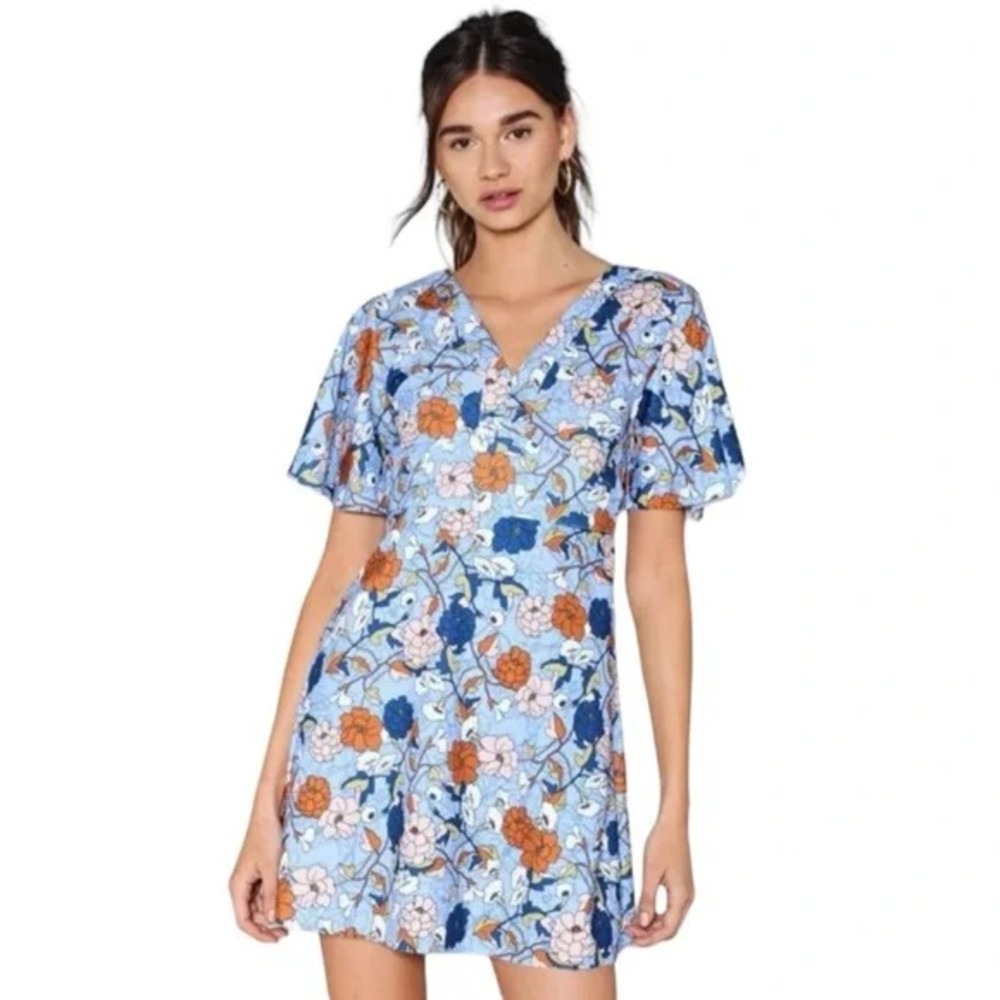 Zara Women's Deep V-Neck Dress 70's Retro Blue Floral Bell Sleeve Mini‎ S